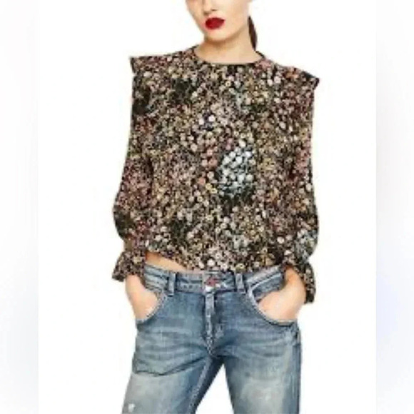 ZARA Floral Black Long Sleeve Ruffle Blouse Small - Picture 10 of 10